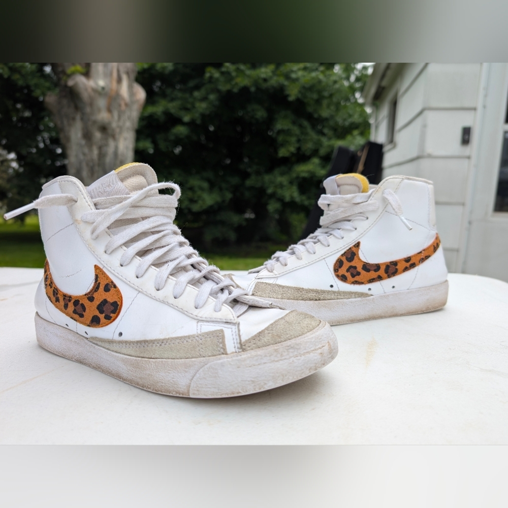 Nike White and Leopard Print High-Top Sneakers
